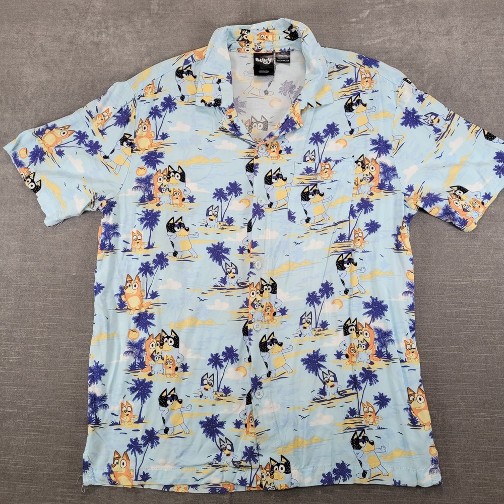 Bluey Mens Hawaiian Shirt Blue Tropical Palm Tree Heeler Family Button Up Medium